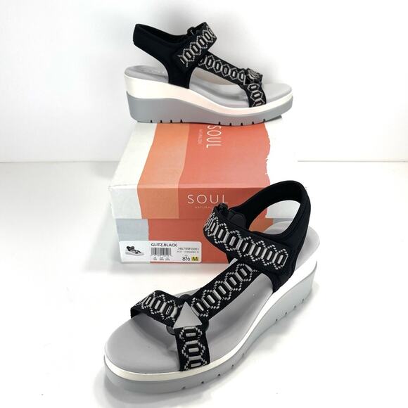 Soul Naturalizer Glitz Platform Wedge Sandal Size 8.5 Black & White Lightweight - Picture 1 of 16